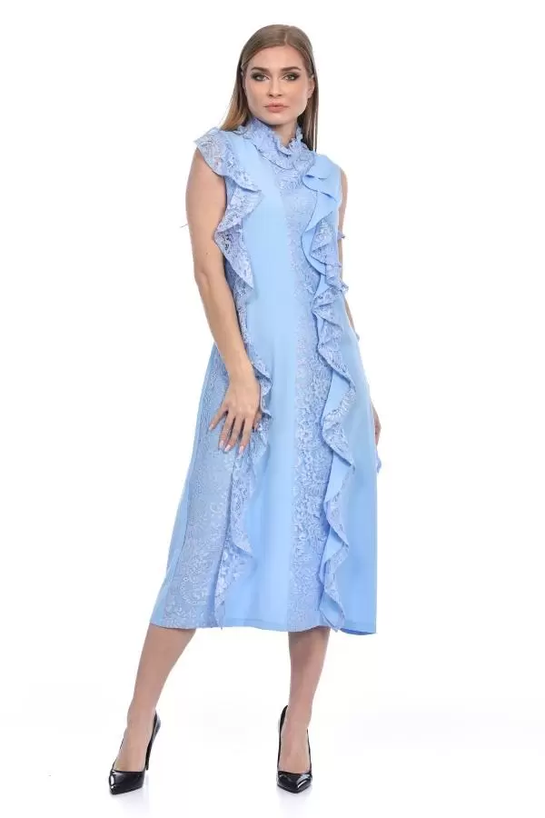 Balıkçı Yaka Sıfır Kol Dantel ve Kupürlü Bebe Mavi Kadın Elbise