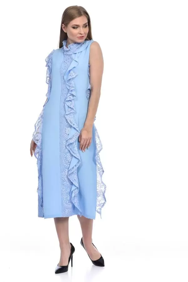 Balıkçı Yaka Sıfır Kol Dantel ve Kupürlü Bebe Mavi Kadın Elbise