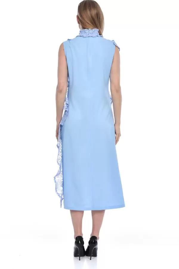 Balıkçı Yaka Sıfır Kol Dantel ve Kupürlü Bebe Mavi Kadın Elbise