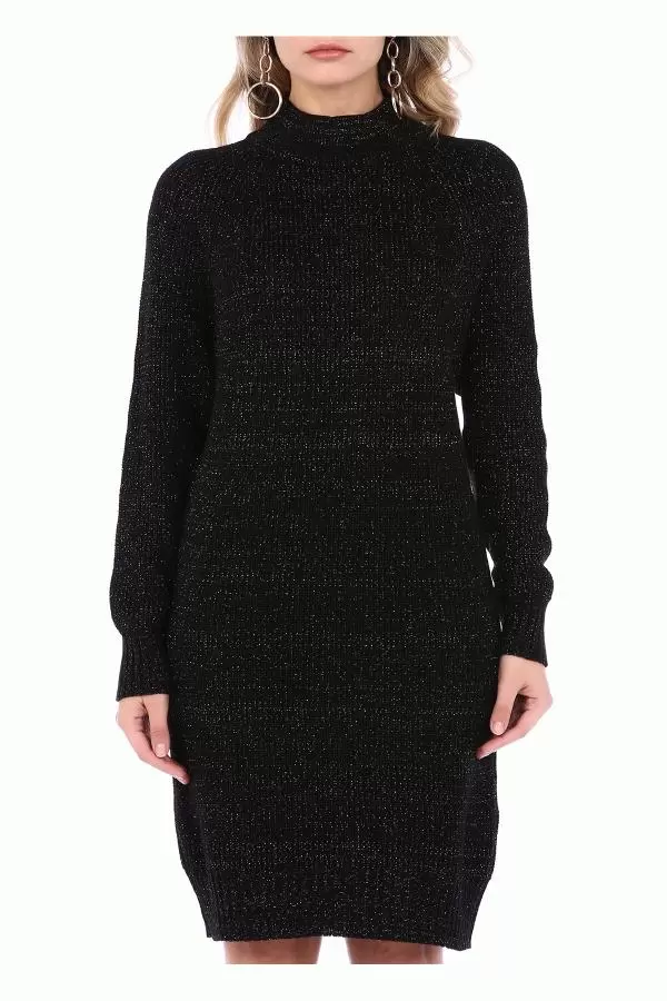 Balıkçı Yaka Simli Siyah Triko Kadın Elbise