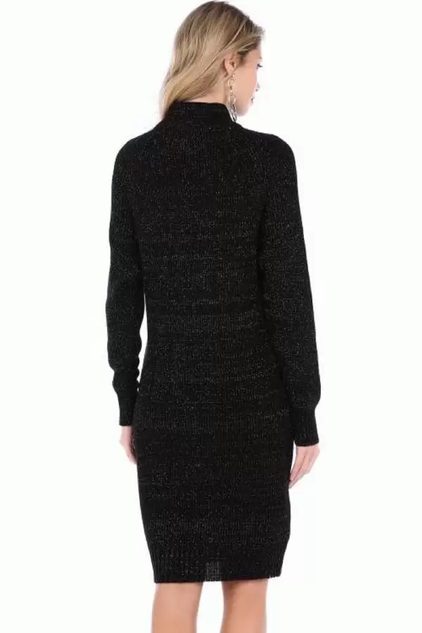 Balıkçı Yaka Simli Siyah Triko Kadın Elbise