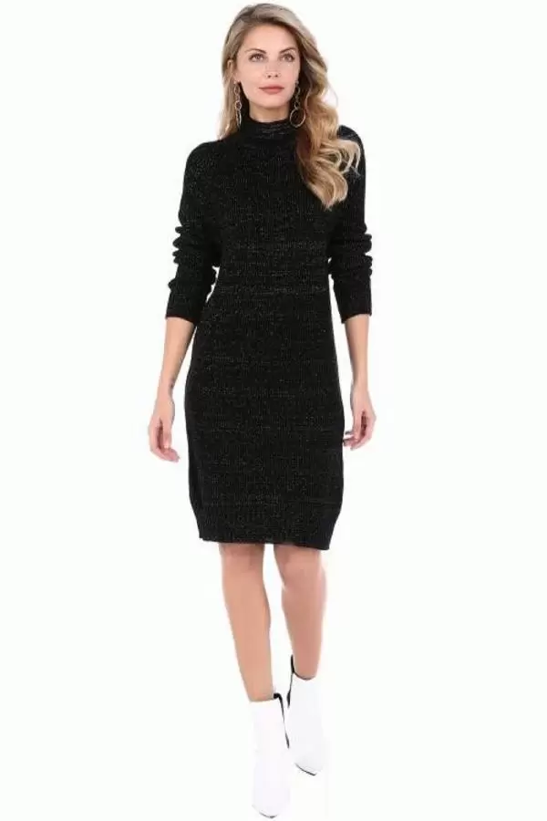 Balıkçı Yaka Simli Siyah Triko Kadın Elbise
