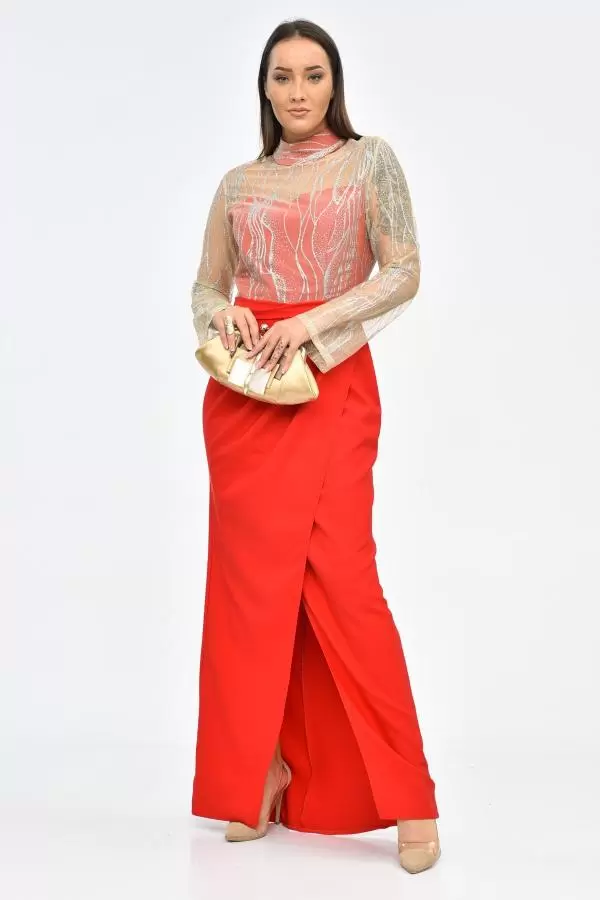 Balıkçı Yaka Tüllü Yırtmaçlı Kırmızı Kadın Abiye Elbise