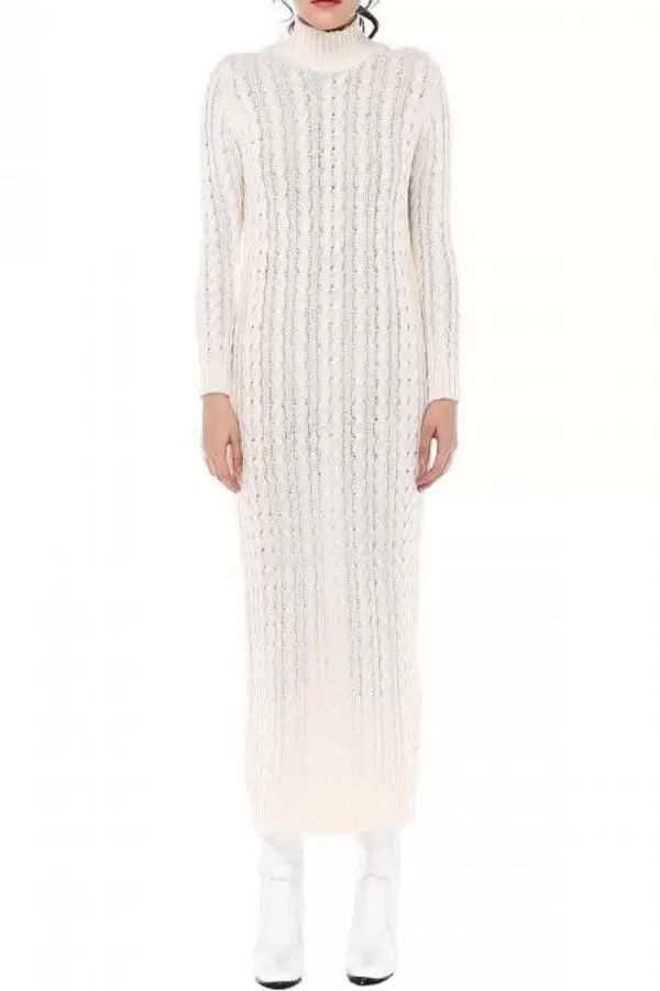 Balıkçı Yaka Uzun Hırkalı Bej Triko Kadın Elbise