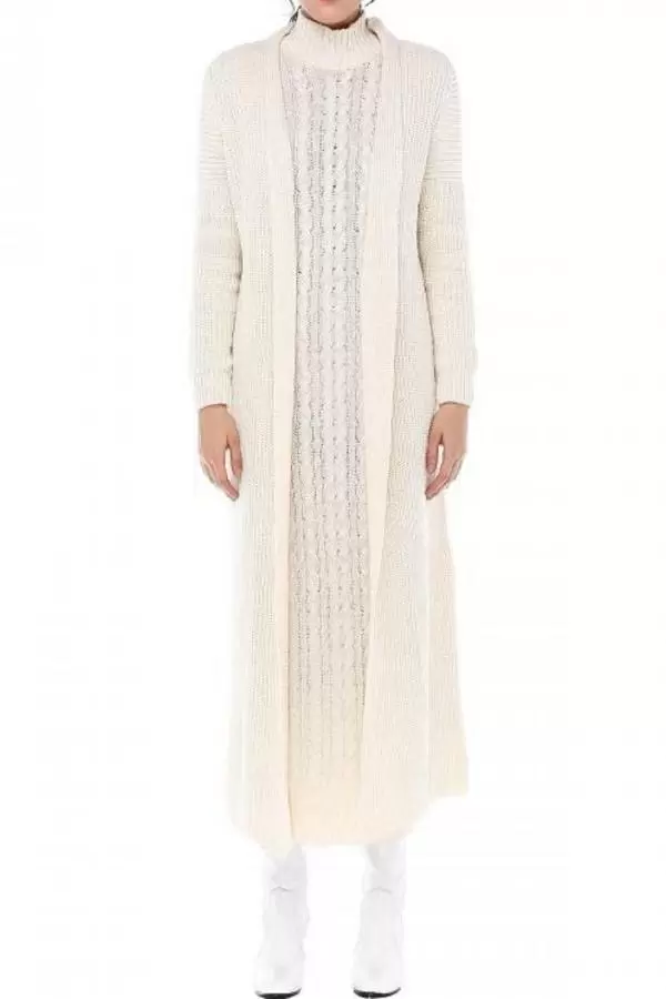 Balıkçı Yaka Uzun Hırkalı Bej Triko Kadın Elbise