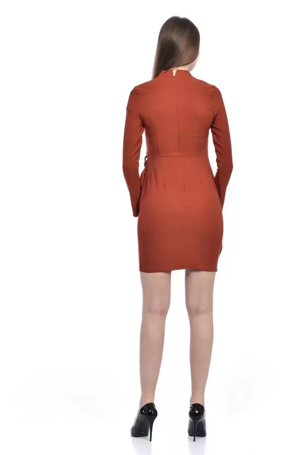 Balıkçı Yaka Uzun Kollu Yandan Tokalı Kiremit Kadın Elbise