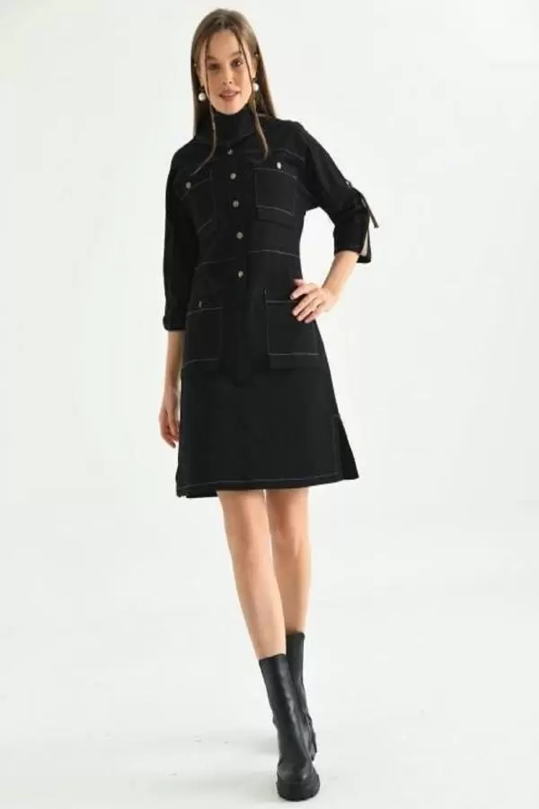 Balıkçı Yaka Yırtmaçlı Cepli ve Nakışlı Siyah Kadın Elbise