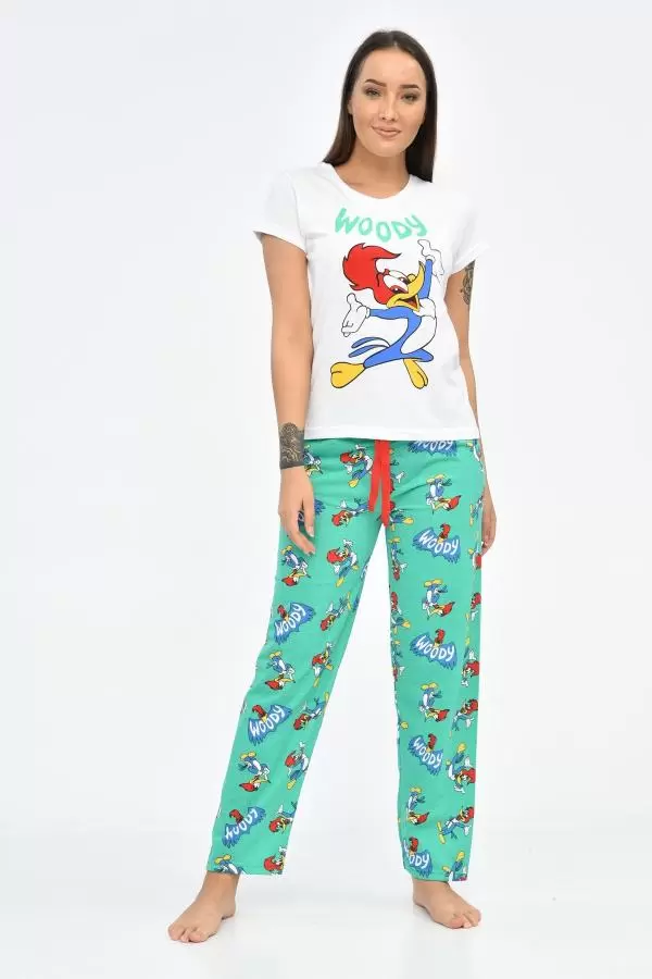 Baskılı Beyaz Tişört ve Turkuaz Pantolonlu Kadın Pijama Takım