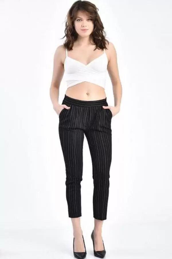 Belden Lastikli Bilek Çizgili Siyah Kadın Pantolon