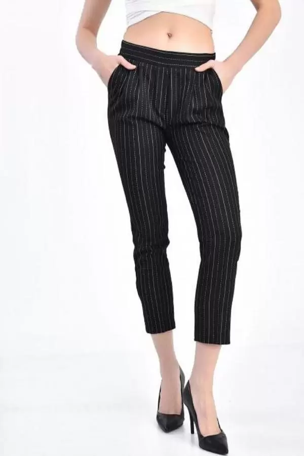 Belden Lastikli Bilek Çizgili Siyah Kadın Pantolon