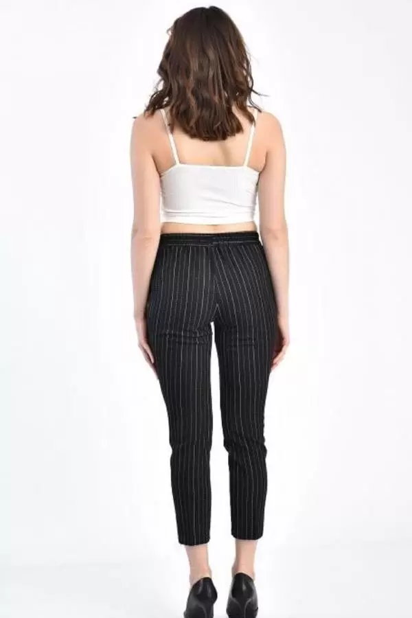 Belden Lastikli Bilek Çizgili Siyah Kadın Pantolon