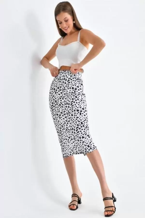 Belden Lastikli Zebra Desenli Kadife Kalem Kadın Etek