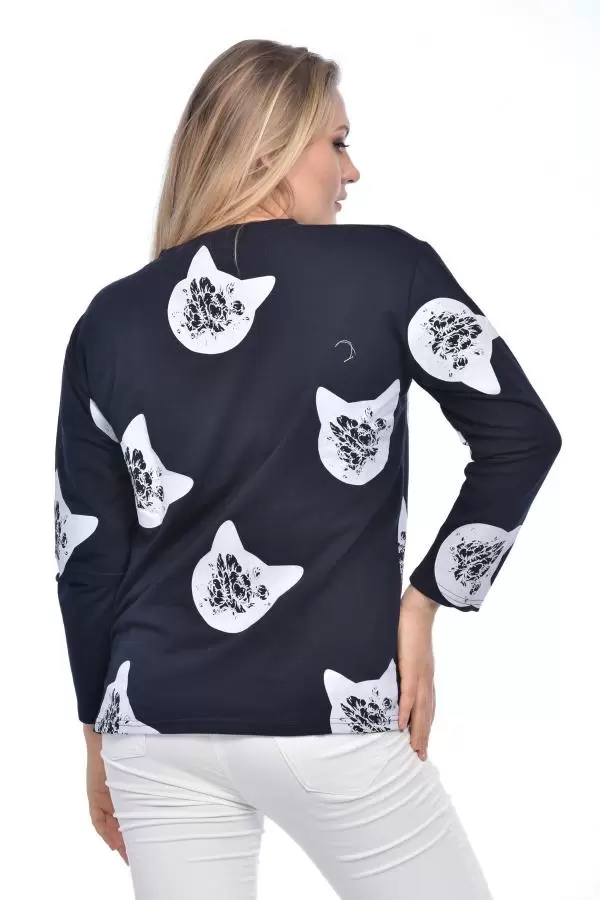 Bisiklet Yaka Aplike ve Kedi Baskılı Lacivert Kadın Tişört
