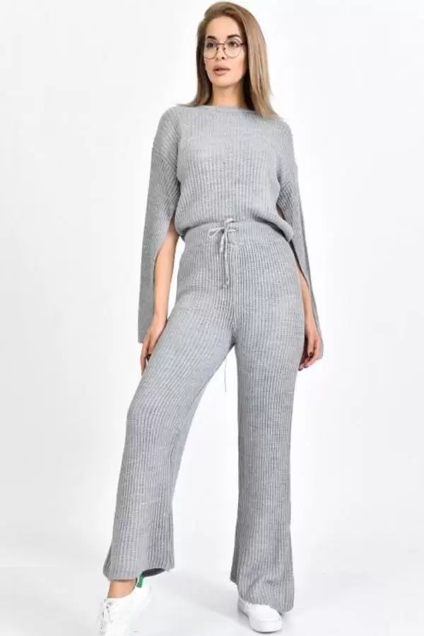 Bisiklet Yaka Asimetrik Kollu Gri Triko Kadın Elbise