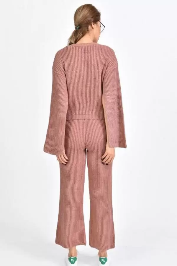 Bisiklet Yaka Asimetrik Kollu Somon Triko Kadın Elbise