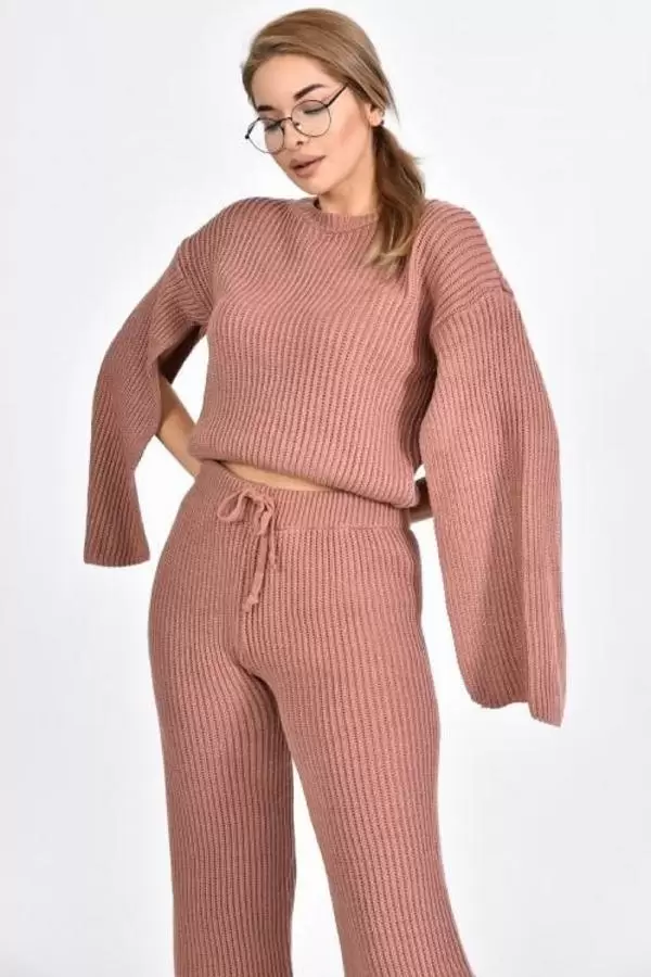 Bisiklet Yaka Asimetrik Kollu Somon Triko Kadın Elbise