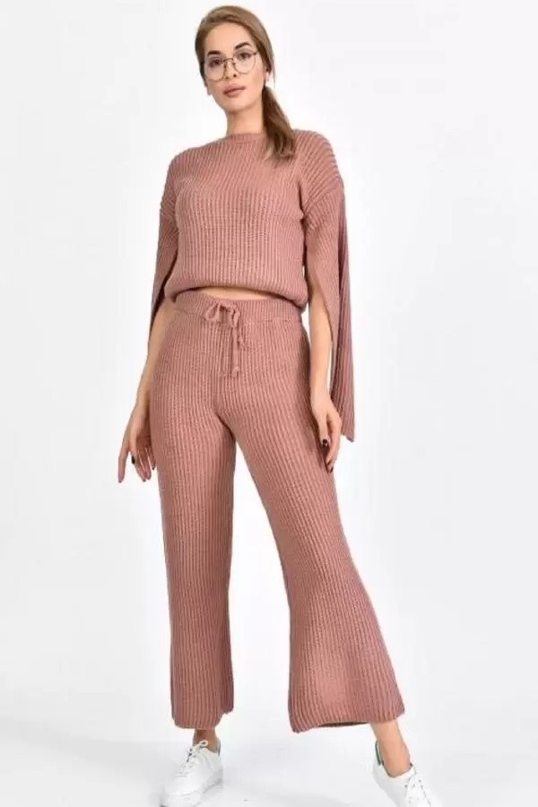 Bisiklet Yaka Asimetrik Kollu Somon Triko Kadın Elbise