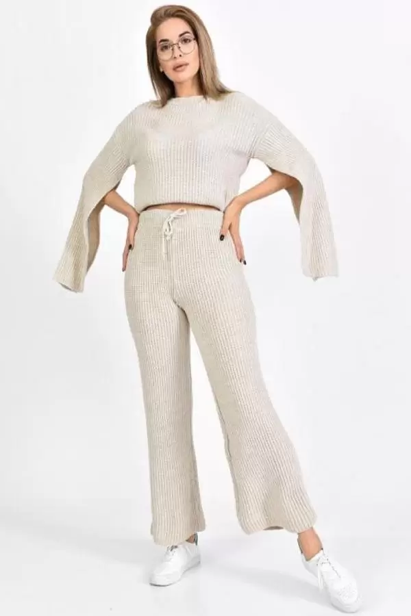 Bisiklet Yaka Asimetrik Kollu Taş Triko Kadın Elbise