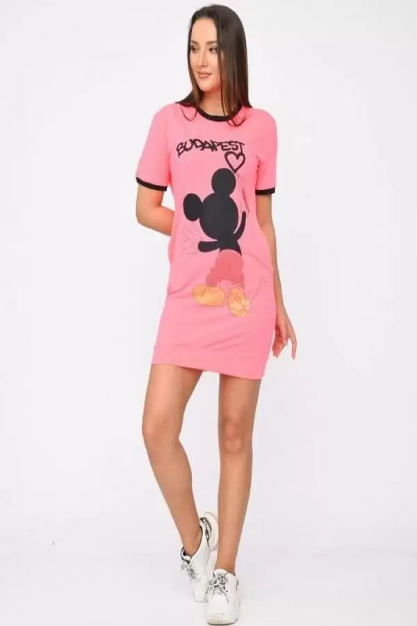 Bisiklet Yaka Baskı ve Taşlı Pembe Kadın Elbise