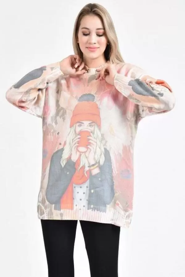 Bisiklet Yaka Bereli Kadın Baskılı Ekru-Pembe Kadın Kazak