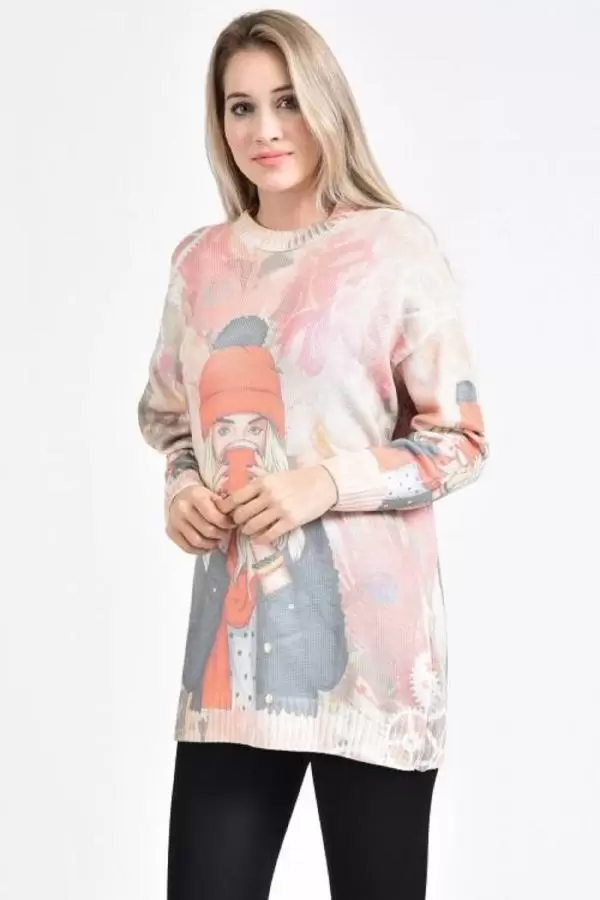 Bisiklet Yaka Bereli Kadın Baskılı Ekru-Pembe Kadın Kazak