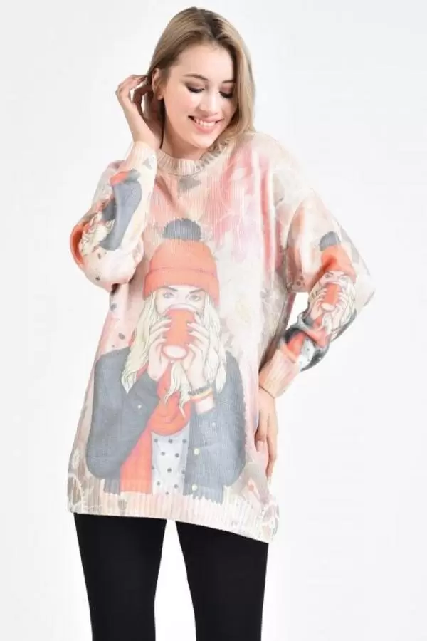 Bisiklet Yaka Bereli Kadın Baskılı Ekru-Pembe Kadın Kazak
