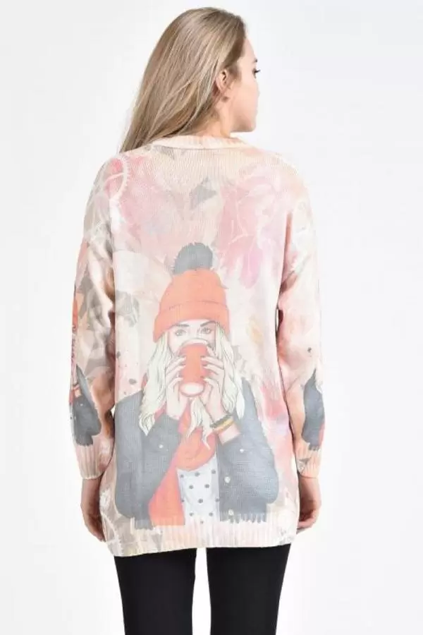 Bisiklet Yaka Bereli Kadın Baskılı Ekru-Pembe Kadın Kazak