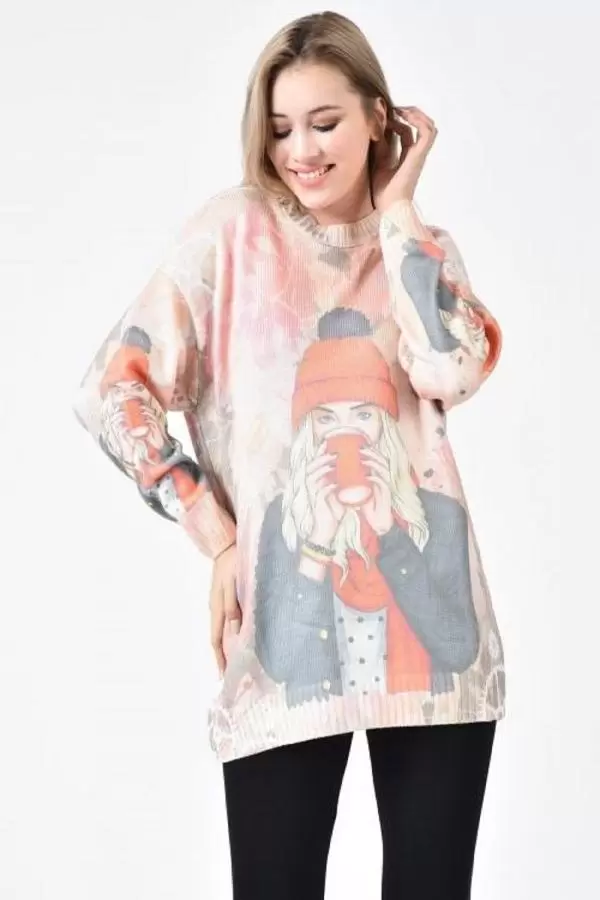 Bisiklet Yaka Bereli Kadın Baskılı Ekru-Pembe Kadın Kazak