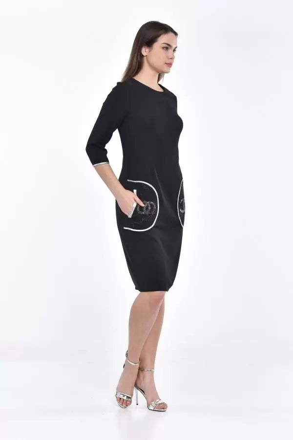 Bisiklet Yaka Cepli ve Taşlı Siyah Abiye Kadın Elbise
