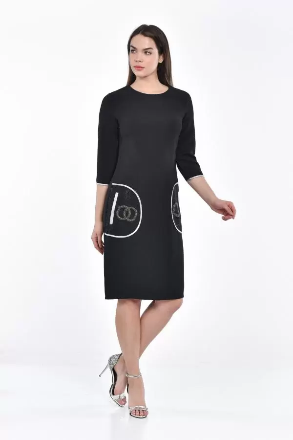 Bisiklet Yaka Cepli ve Taşlı Siyah Abiye Kadın Elbise