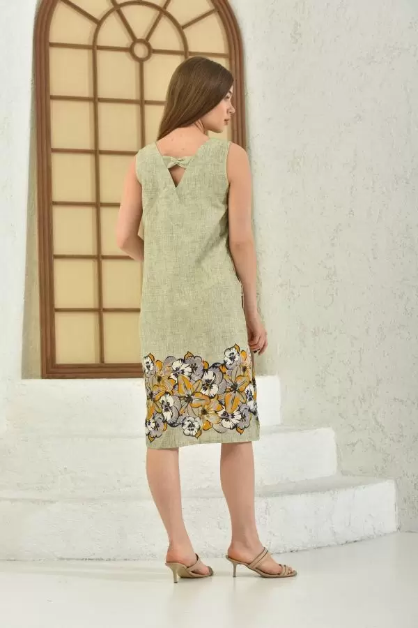 Bisiklet Yaka Çiçek Baskılı Kolsuz Bej Kadın Elbise