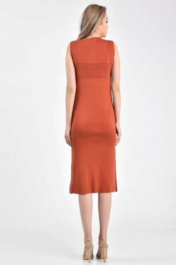 Bisiklet Yaka Çift Yırtmaçlı Kiremit Triko Kadın Elbise