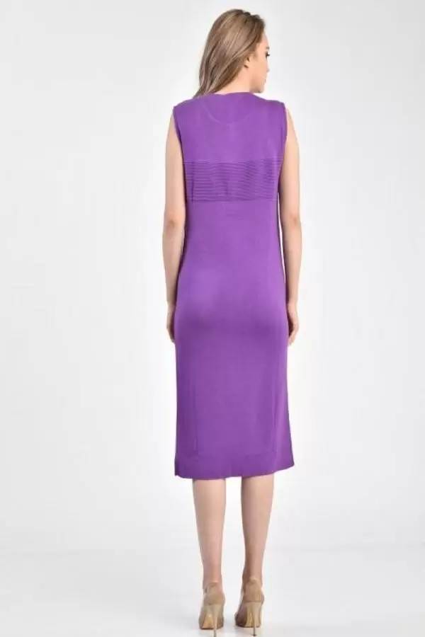 Bisiklet Yaka Çift Yırtmaçlı Lila Triko Kadın Elbise