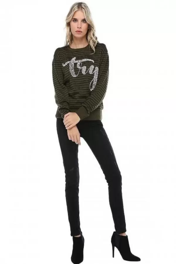 Bisiklet Yaka Çizgili Tly Baskılı Haki Triko Kadın Kazak