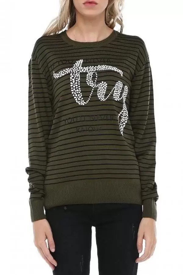 Bisiklet Yaka Çizgili Tly Baskılı Haki Triko Kadın Kazak