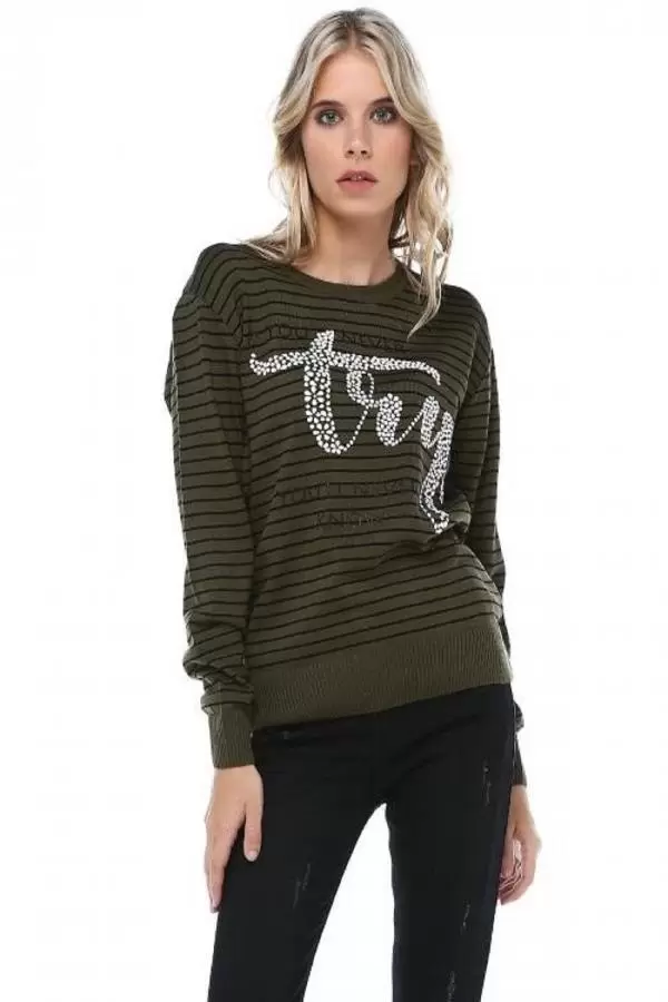 Bisiklet Yaka Çizgili Tly Baskılı Haki Triko Kadın Kazak