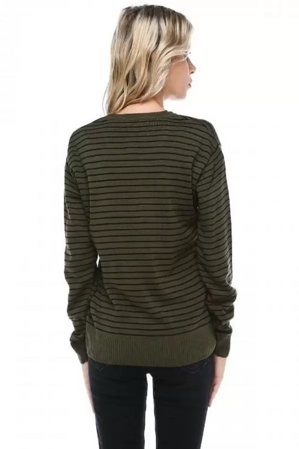 Bisiklet Yaka Çizgili Tly Baskılı Haki Triko Kadın Kazak