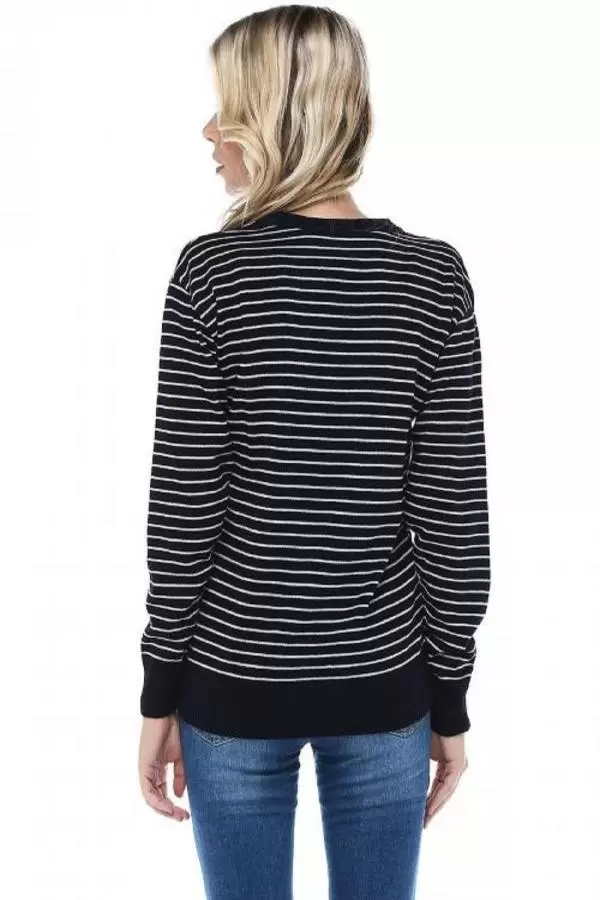 Bisiklet Yaka Çizgili Tly Baskılı Lacivert Triko Kadın Kazak