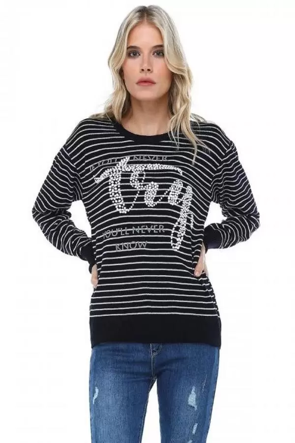 Bisiklet Yaka Çizgili Tly Baskılı Lacivert Triko Kadın Kazak