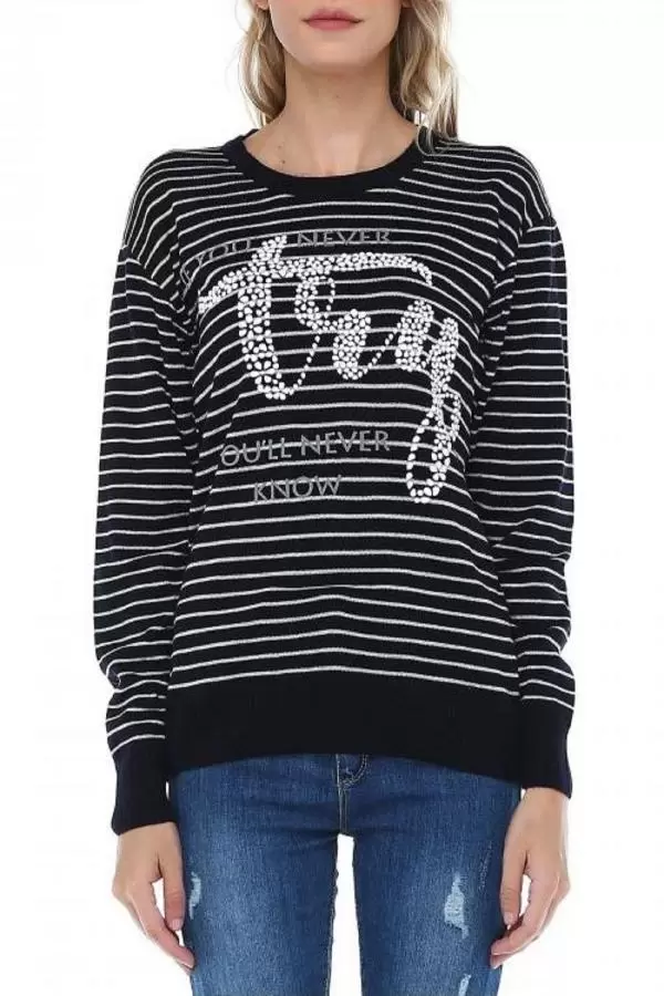 Bisiklet Yaka Çizgili Tly Baskılı Lacivert Triko Kadın Kazak