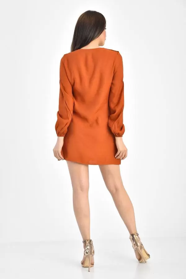 Bisiklet Yaka Dantel Takı Detaylı Kiremit Kadın Elbise