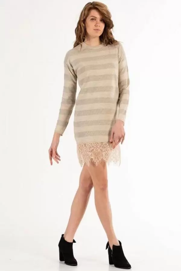 Bisiklet Yaka Dantelli Simli Bej Triko Kadın Elbise