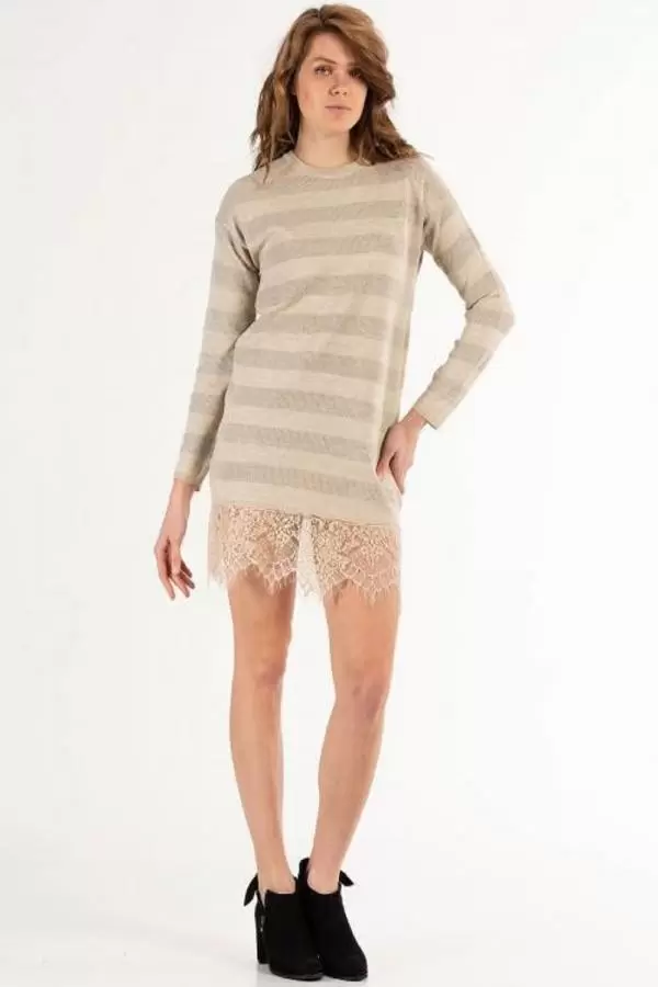Bisiklet Yaka Dantelli Simli Bej Triko Kadın Elbise