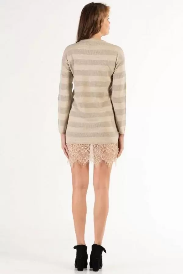 Bisiklet Yaka Dantelli Simli Bej Triko Kadın Elbise