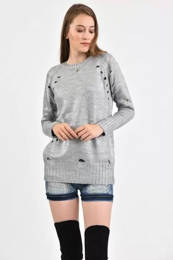 Bisiklet Yaka Delikli Kesim Gri Kadın Kazak