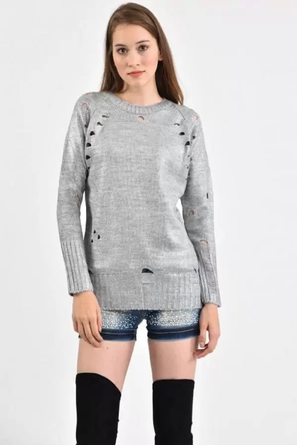 Bisiklet Yaka Delikli Kesim Gri Kadın Kazak