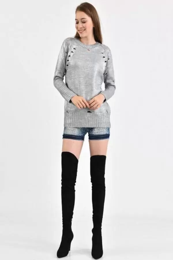 Bisiklet Yaka Delikli Kesim Gri Kadın Kazak