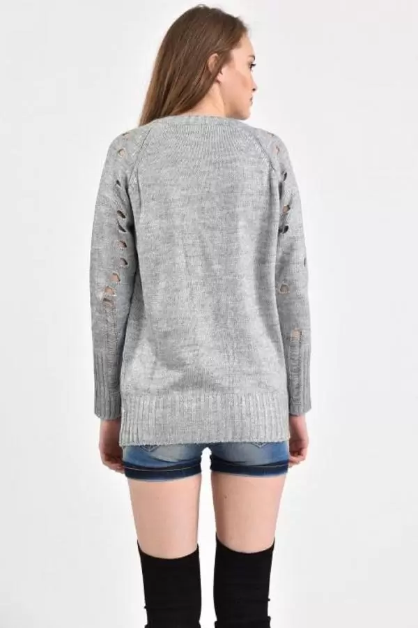 Bisiklet Yaka Delikli Kesim Gri Kadın Kazak
