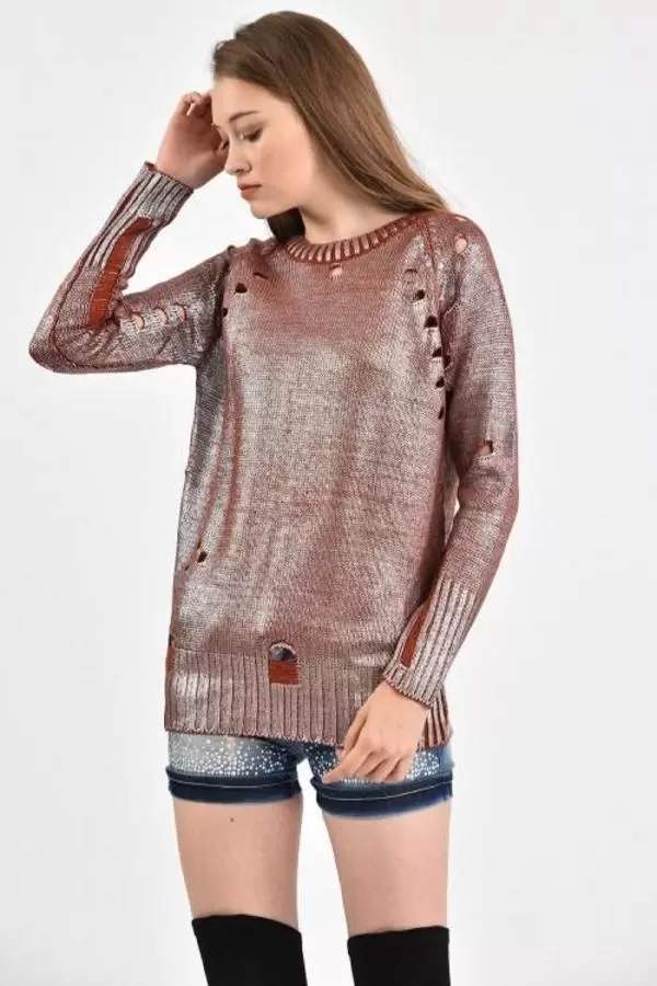 Bisiklet Yaka Delikli Kesim Kiremit Kadın Kazak