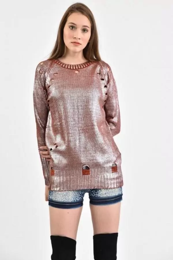 Bisiklet Yaka Delikli Kesim Kiremit Kadın Kazak